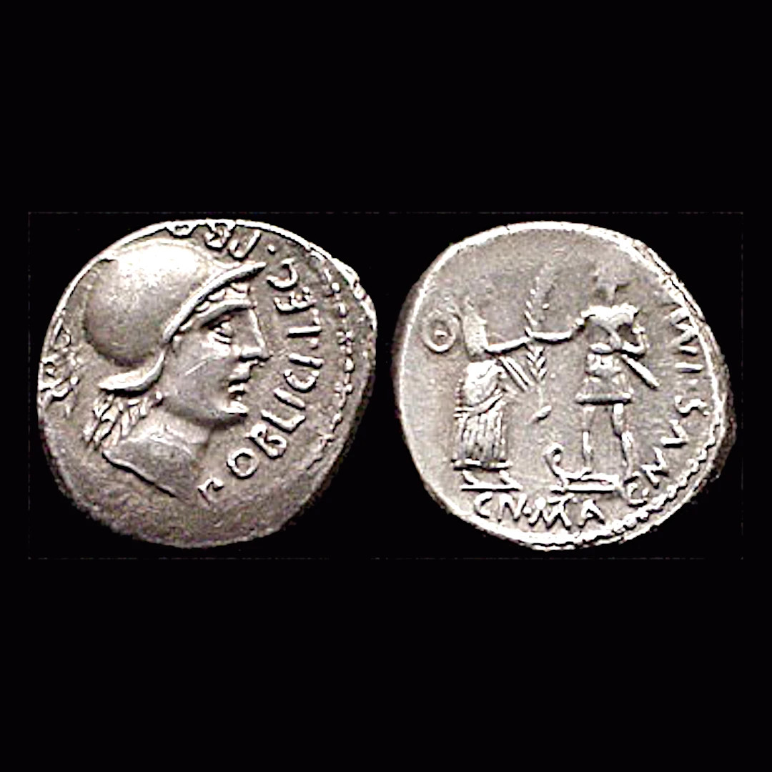 Moneda con la imagen de  Cneo Pompeyo El Joven